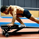 **Image:** A sprinter in starting blocks, viewed from a biomechanical analysis perspective. Overlays of lines and angles highlight optimal body positioning, emphasizing leg and arm angles. The background subtly shows a modern sports lab with motion capture equipment. **Keywords:** Sprint start, biomechanics, starting blocks, analysis, motion capture, athletics, power, dynamic.