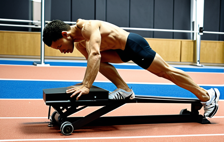 **Image:** A sprinter in starting blocks, viewed from a biomechanical analysis perspective. Overlays of lines and angles highlight optimal body positioning, emphasizing leg and arm angles. The background subtly shows a modern sports lab with motion capture equipment. **Keywords:** Sprint start, biomechanics, starting blocks, analysis, motion capture, athletics, power, dynamic.